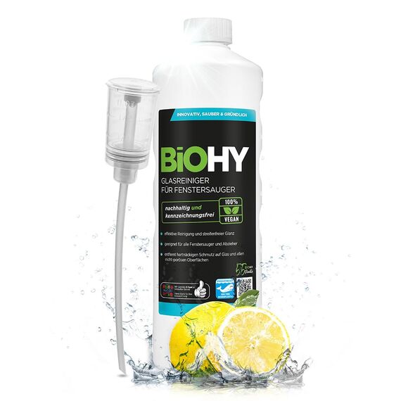 BiOHY Glasreiniger für Fenstersauger (1l Flasche) + Dosierer | Fensterreiniger Konzentrat für alle Fenstersauger | Bio Reinigungsmittel sorgt für streifenfreien Glanz | Glasreiniger