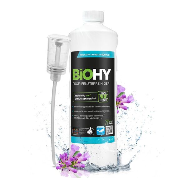 BiOHY Profi Fensterreiniger (1l Flasche) + Dosierer | Glasreiniger Konzentrat | für Fenstersauger geeignet | streifenfreie Reinigung von Glas-, Fenster- & Spiegelflächen | ideal für Haushalt & Auto