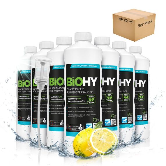 BiOHY Glasreiniger für Fenstersauger (9 x 1 Liter) + Dosierer | Fensterreiniger Konzentrat für alle Fenstersauger | Bio Reinigungsmittel sorgt für streifenfreien Glanz | Glasreiniger