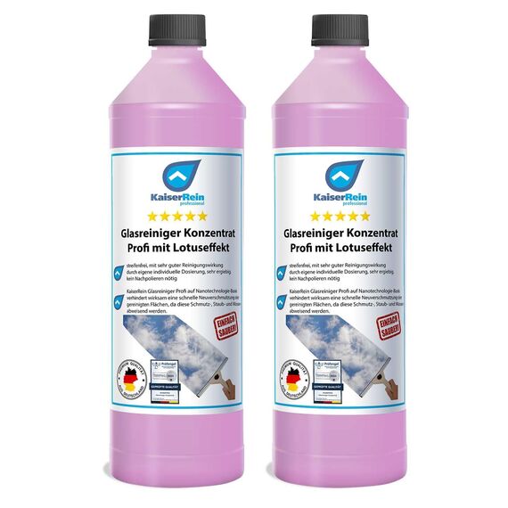 KaiserRein Glasreiniger Konzentrat mit Lotuseffekt 2x 1L - Professioneller Fensterreiniger für streifenfreien Glanz auf Glas, Fenstern und Spiegeln - Fenstersauger geeignet