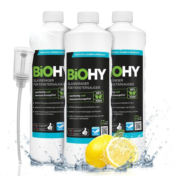 BiOHY Glasreiniger für Fenstersauger (3 x 1 Liter) + Dosierer | Fensterreiniger Konzentrat für alle Fenstersauger | Bio Reinigungsmittel sorgt für streifenfreien Glanz | Glasreiniger