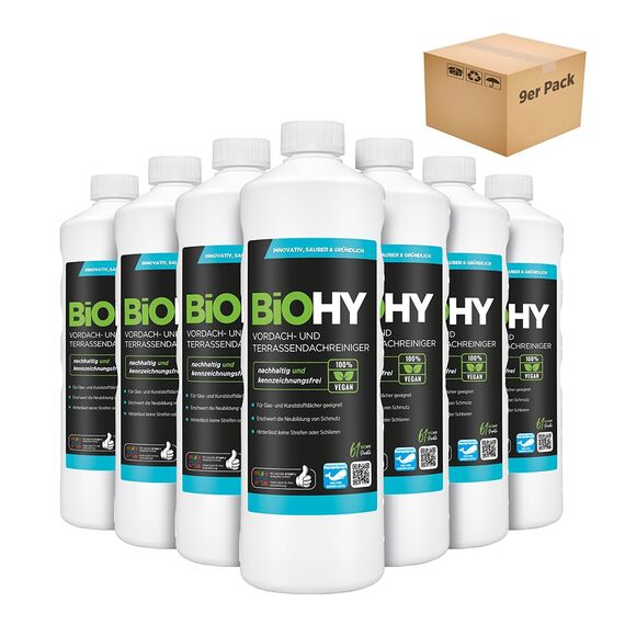 BiOHY Vordach- und Terrassenreiniger (9 x 1 Liter) + Dosierer | Bio Konzentrat für Glasdächer, Kunststoffdächer, Wintergärten | Nachhaltige Reinigung & Pflege | Hohe Wirksamkeit und strahlender Glanz