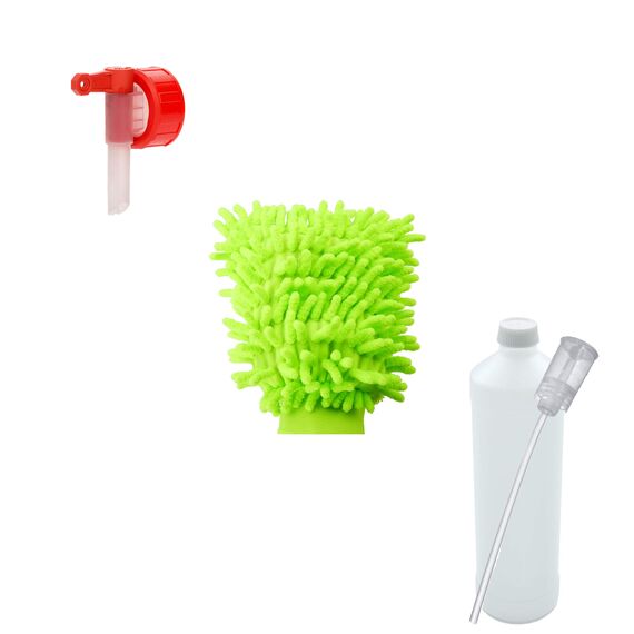 BiOHY Glas- und Oberflächenreiniger-Set 10 Liter Kanister + Zubehör | Glas- und Oberflächenreiniger | Auslaufhahn | Dosierer | Mischbehälter | Staubhandschuh |Ökologisches Reinigungsmittel