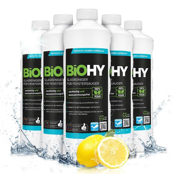 BiOHY Glasreiniger für Fenstersauger (6 x 1 Liter) | Fensterreiniger Konzentrat für alle Fenstersauger | Bio Reinigungsmittel sorgt für streifenfreien Glanz | Glasreiniger | Fensterputzmittel