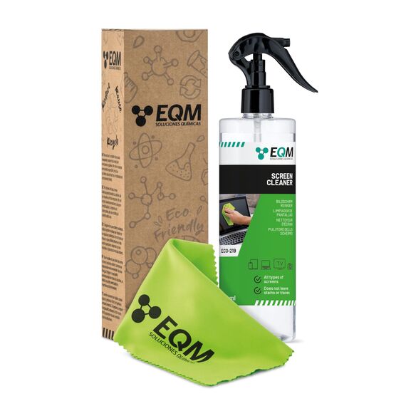 EQM - ECO-219 - Bildschirmreiniger + Mikrofasertuch - 500 ML - Display Reiniger für Tablet, Handy, Laptop, Kamera, TV Displays (LED, OLED, QLED, TFT, LCD) - Entfernt Fettflecken und Fingerabdrücke