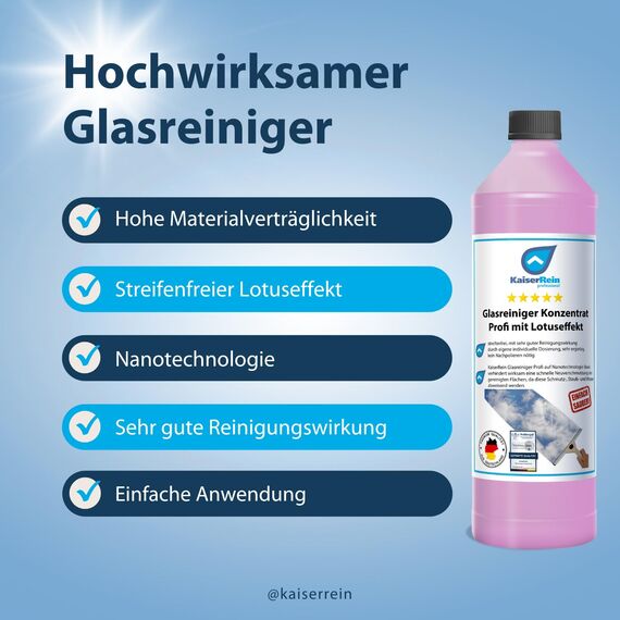 KaiserRein Glasreiniger Konzentrat mit Lotuseffekt 3x 1L - Professioneller Fensterreiniger für streifenfreien Glanz auf Glas, Fenstern und Spiegeln - Fenstersauger geeignet