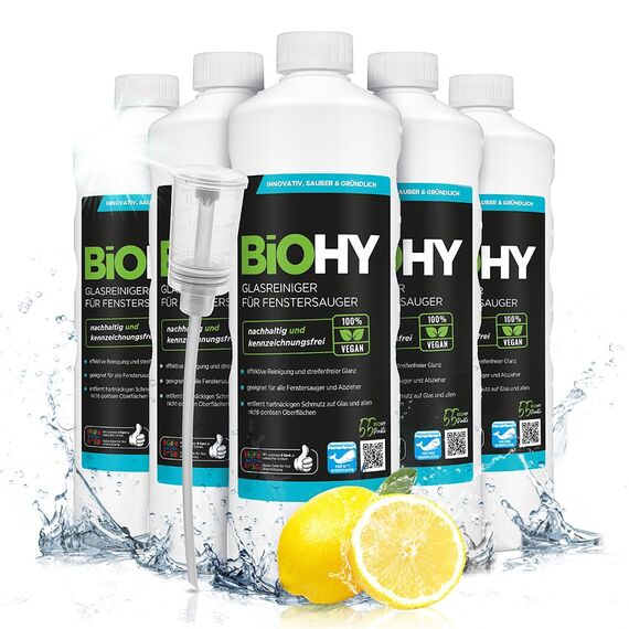BiOHY Glasreiniger für Fenstersauger (6 x 1 Liter) + Dosierer | Fensterreiniger Konzentrat für alle Fenstersauger | Bio Reinigungsmittel sorgt für streifenfreien Glanz | Glasreiniger