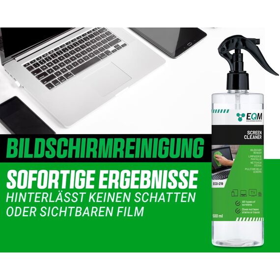 EQM - ECO-219 - Bildschirmreiniger + Mikrofasertuch - 500 ML - Display Reiniger für Tablet, Handy, Laptop, Kamera, TV Displays (LED, OLED, QLED, TFT, LCD) - Entfernt Fettflecken und Fingerabdrücke