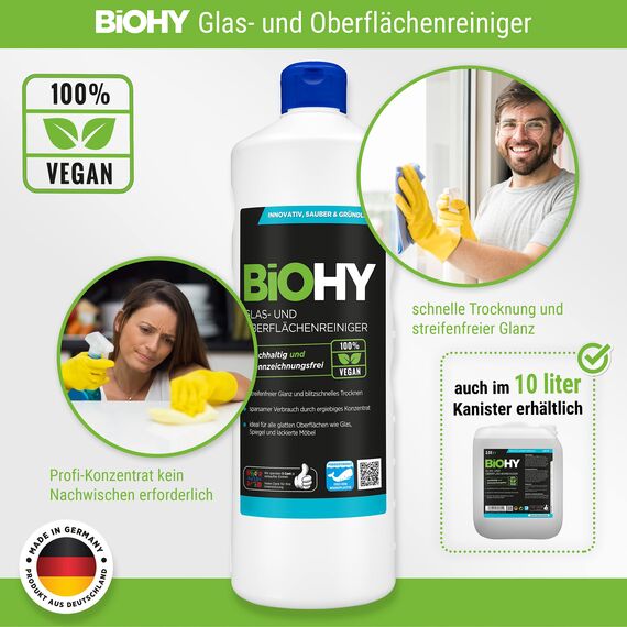 BiOHY Glas- und Oberflächenreiniger-Set 10 Liter Kanister + Zubehör | Glas- und Oberflächenreiniger | Auslaufhahn | Dosierer | Mischbehälter | Staubhandschuh |Ökologisches Reinigungsmittel
