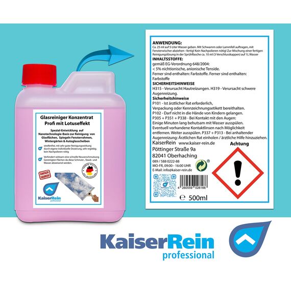 KaiserRein 500 ml Kanister Profi Glasreiniger & Fensterreiniger Konzentrat mit Lotus-Effekt 500ml Kanister für alle Glatt und Glasflächen