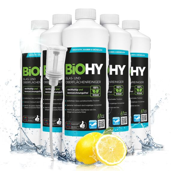 BiOHY Glas- und Oberflächenreiniger (6 x 1 Liter) + Dosierer | Glasreiniger Konzentrat für streifenfreien Glanz | ergiebiger Glas & Kunststoffreiniger | Fettlöser & Kalkreiniger