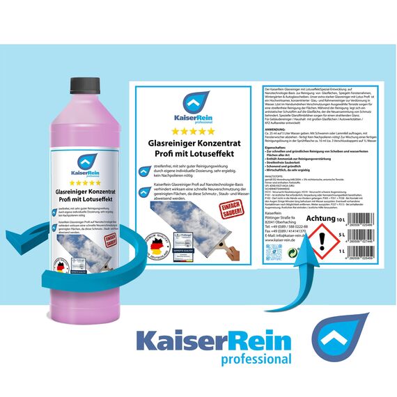 KaiserRein Glasreiniger Konzentrat mit Lotuseffekt 2x 1L - Professioneller Fensterreiniger für streifenfreien Glanz auf Glas, Fenstern und Spiegeln - Fenstersauger geeignet
