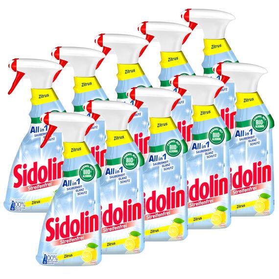 Sidolin Zitrus, Glasreiniger mit Abperl-Effekt (10 x 500 ml Sprühflasche)