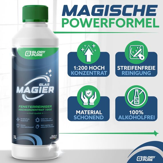 GLORYPURE GLAS-MAGIER Fenster-Reiniger 200-fach Hochkonzentrat in Profi-Qualität | Streifenfreie Sauberkeit, materialschonend, sehr ergiebig | Exzellent geeignet für Fenster-Sauger