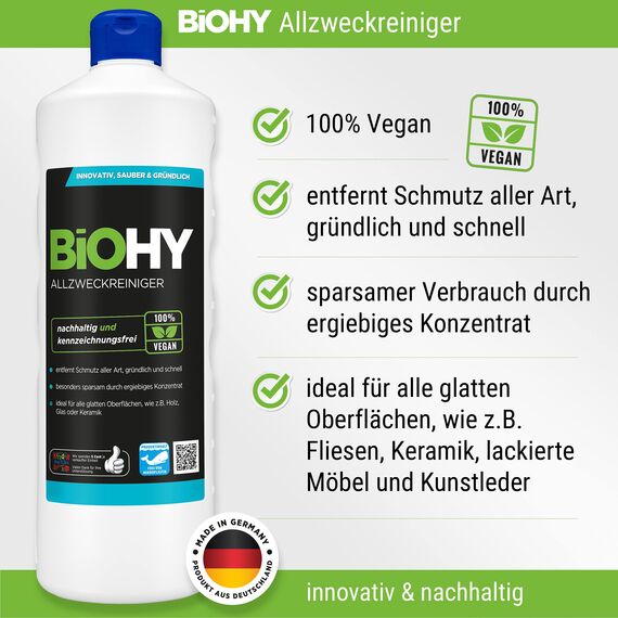BiOHY Glas und Oberflächen-, Fenster-, Allzweckreiniger Komplett Set Konzentrat für Fließen/PVC/Laminat, Glanzreiniger, ALKOHOLREINIGER, Boden, Profi Bio-Reiniger - Bio Reinigungsmittel