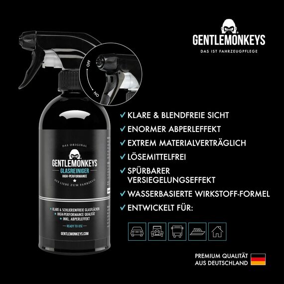 GENTLEMONKEYS Auto Glasreiniger Set (500ml + 2 Carbontücher) • Auto Scheibenreiniger Innen & Außen • Streifenfrei mit Abperleffekt • Reinigungsset für Windschutzscheibe, Spiegel & Fenster