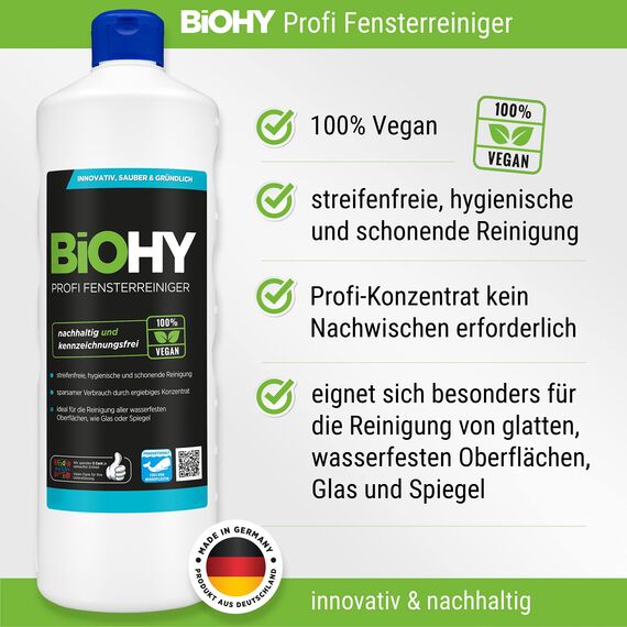BiOHY Glas und Oberflächen-, Fenster-, Allzweckreiniger Komplett Set Konzentrat für Fließen/PVC/Laminat, Glanzreiniger, ALKOHOLREINIGER, Boden, Profi Bio-Reiniger - Bio Reinigungsmittel