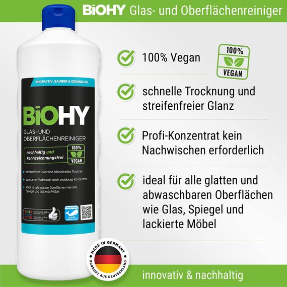 BiOHY Glas- und Oberflächenreiniger-Set 10 Liter Kanister + Zubehör | Glas- und Oberflächenreiniger | Auslaufhahn | Dosierer | Mischbehälter | Staubhandschuh |Ökologisches Reinigungsmittel