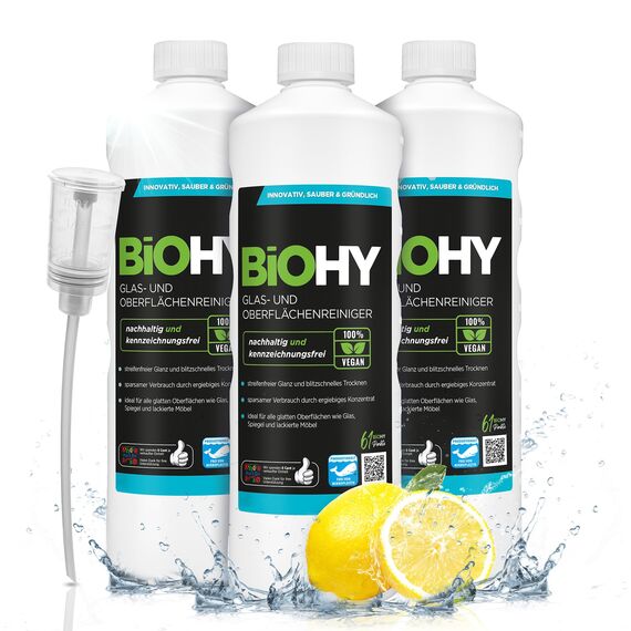 BiOHY Glas- und Oberflächenreiniger (3 x 1 Liter) + Dosierer | Glasreiniger Konzentrat für streifenfreien Glanz | ergiebiger Glas & Kunststoffreiniger | Fettlöser & Kalkreiniger