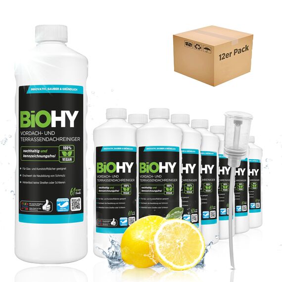 BiOHY Vordach- und Terrassenreiniger (12 x 1 Liter) + Dosierer | Bio Konzentrat für Glasdächer, Kunststoffdächer, Wintergärten | Nachhaltige Reinigung & Pflege | Hohe Wirksamkeit und strahlender Glanz