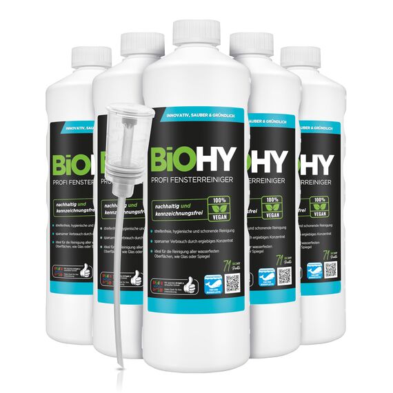BiOHY Profi Fensterreiniger (6 x 1 Liter) + Dosierer | Glasreiniger Konzentrat | für Fenstersauger geeignet | streifenfreie Reinigung von Glas-, Fenster- & Spiegelflächen | ideal für Haushalt & Auto