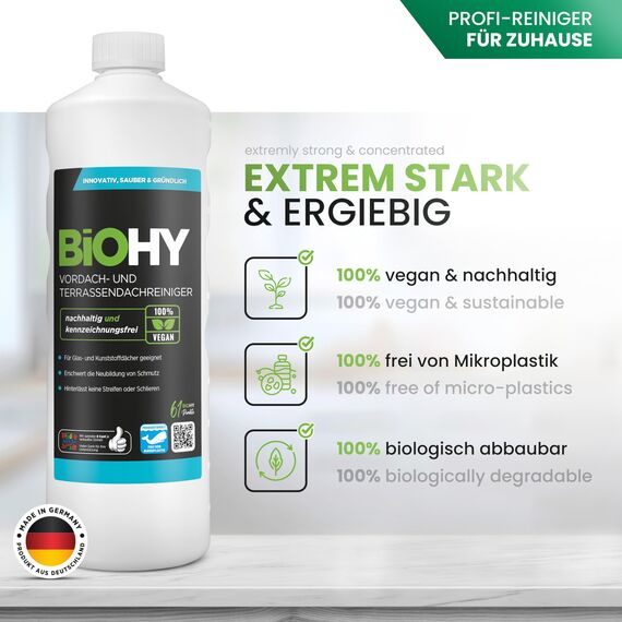 BiOHY Vordach- und Terrassenreiniger (12 x 1 Liter) | Bio Konzentrat für Glasdächer, Kunststoffdächer, Wintergärten | Nachhaltige Reinigung & Pflege | Hohe Wirksamkeit und strahlender Glanz