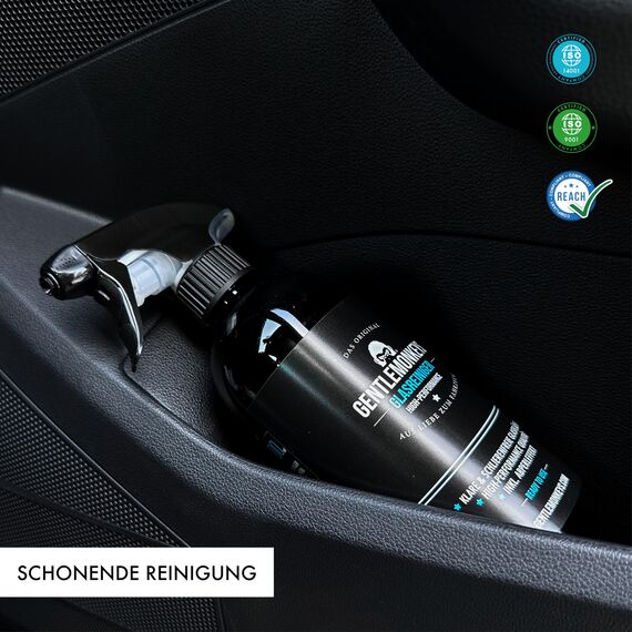 GENTLEMONKEYS Auto Glasreiniger Set (500ml + 2 Carbontücher) • Auto Scheibenreiniger Innen & Außen • Streifenfrei mit Abperleffekt • Reinigungsset für Windschutzscheibe, Spiegel & Fenster