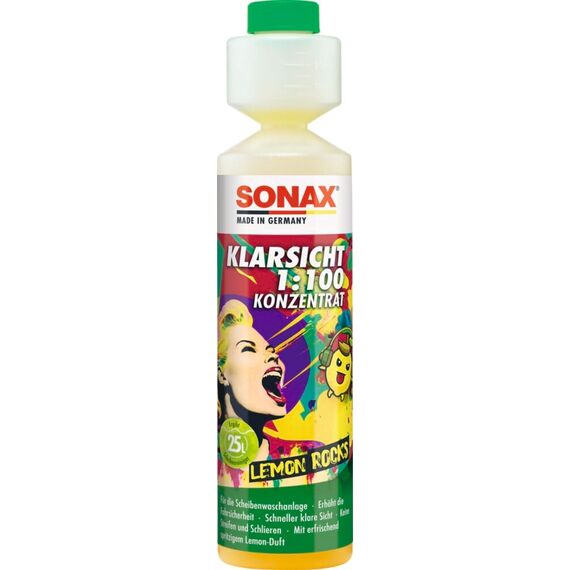 SONAX KlarSicht 1:100 Konzentrat Lemon Rocks (250 ml) Scheibenreiniger beseitigt sekundenschnell Insekten, Schmutz, Blend- & Schmierfilme | Art-Nr. 03701410