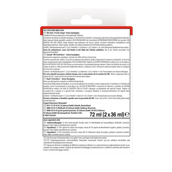 WC-Ente Frische-Siegel Nachfüller, körbchenloser WC-Reiniger, WC Duft, Eukalyptus, 2 Nachfüller (2 Stück) (Packung mit 2)