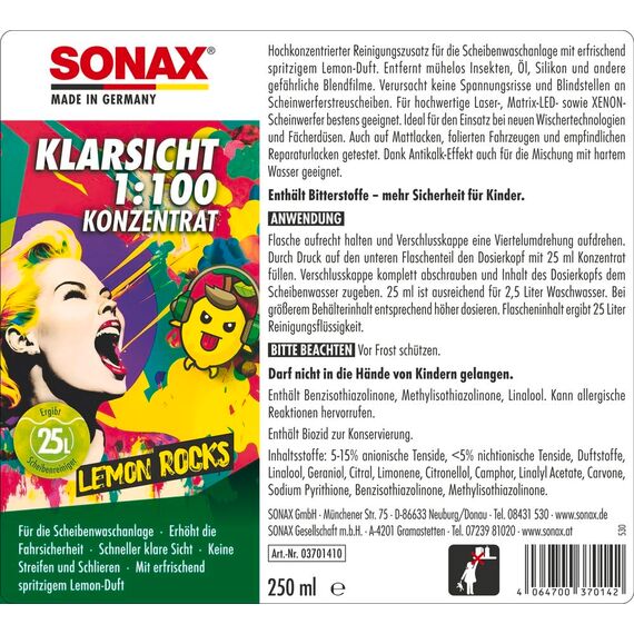 SONAX KlarSicht 1:100 Konzentrat Lemon Rocks (250 ml) Scheibenreiniger beseitigt sekundenschnell Insekten, Schmutz, Blend- & Schmierfilme | Art-Nr. 03701410