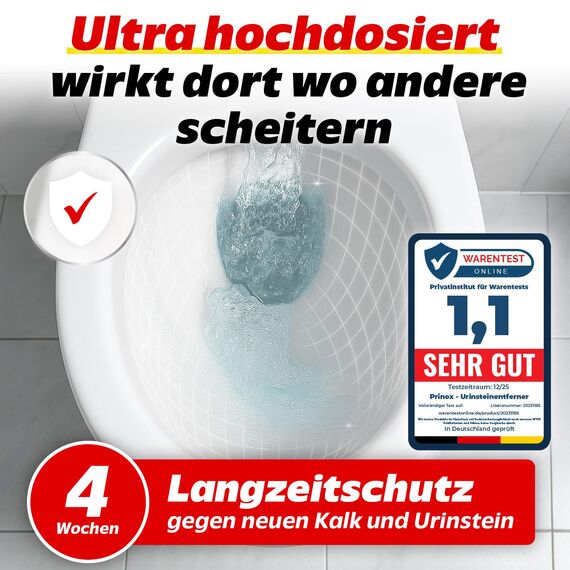 PRINOX Urinsteinentferner EXTRA STARK 1000ml - Profi Urinstein & Kalkentferner Konzentrat - Extrem kraftvoller Urinsteinlöser & WC Reiniger mit Schräghals
