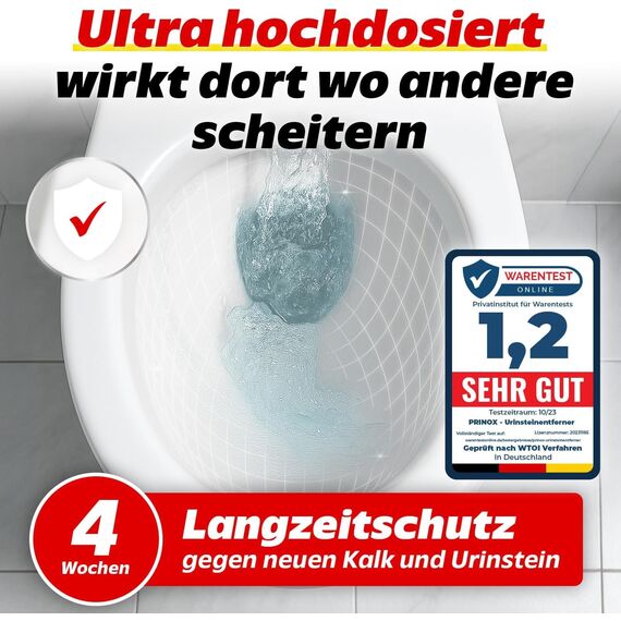 PRINOX 4x Urinsteinentferner EXTRA STARK 1000ml - Profi Urinstein & Kalkentferner Konzentrat - Extrem kraftvoller Urinsteinlöser & WC Reiniger mit Schräghals