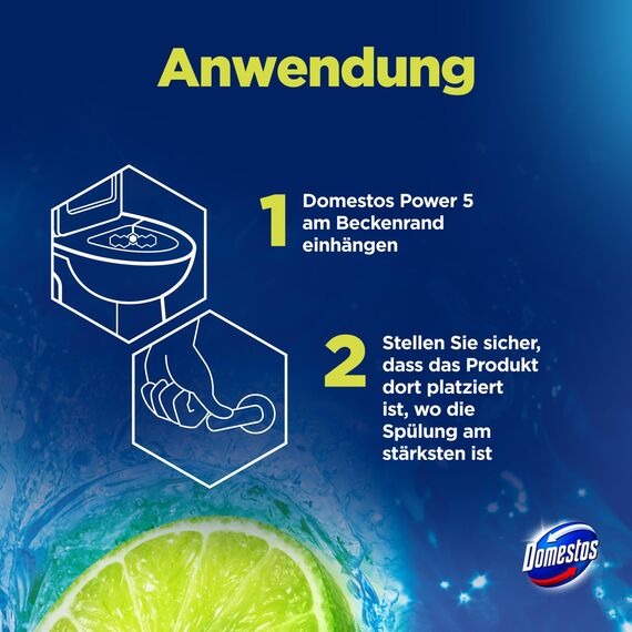 Domestos Power 5 WC Stein Limette WC Reiniger im Vorteilspack volle Power bis zu 900 Spülungen im Trio 3x 50 g