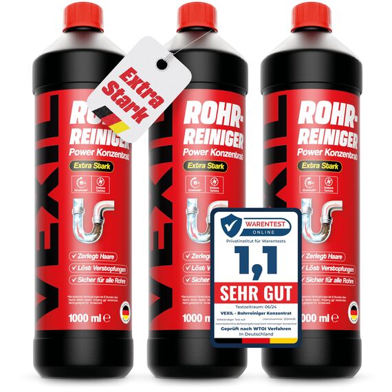 VEXIL Rohrreiniger - Profi Abflussreiniger EXTRA STARK für Extremfälle - 3x 1L Power Konzentrat löst hartnäckigste Verstopfungen wie Haare, Seifenreste, Fette - biologisch abbaubar - Made in Germany