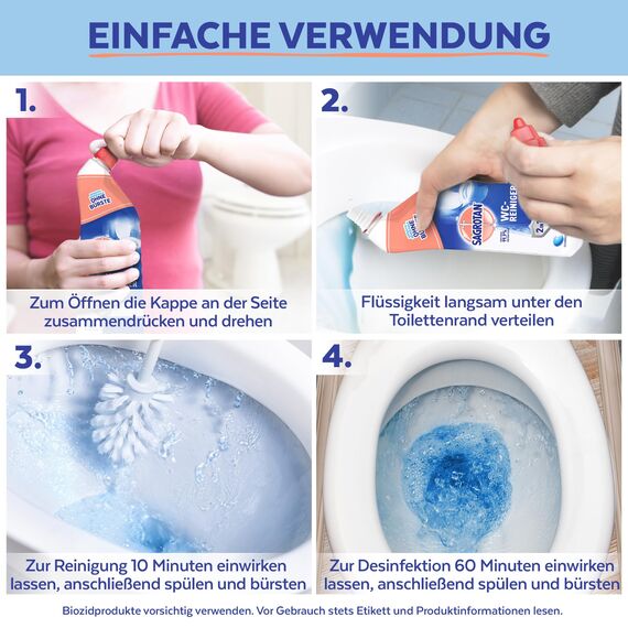 Sagrotan WC-Reiniger Ozeanfrische – 2in1 Reinigungsmittel mit Antischmutzfilm für langanhaltende WC-Frische – 4 x 750 ml