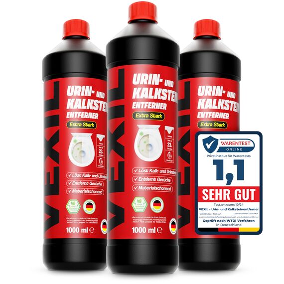 VEXIL® Urinsteinentferner EXTRA STARK - 3x 1000 ml - entfernt mühelos hartnäckigen Urin- & Kalkstein - Profi WC-Reiniger - biologisch abbaubar - Urinsteinlöser Made in Germany