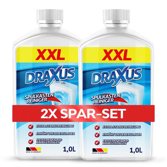 DRAXUS Spülkasten Reiniger in der XXL Flasche (1,0L) I Extra starker Spülkasten Entkalker I Entfernt Kalk und Ablagerungen gründlich (2x Spar-Set)