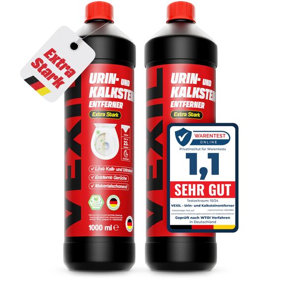 VEXIL® Urinsteinentferner EXTRA STARK - 2x 1000 ml - entfernt mühelos hartnäckigen Urin- & Kalkstein - Profi WC-Reiniger - biologisch abbaubar - Urinsteinlöser Made in Germany