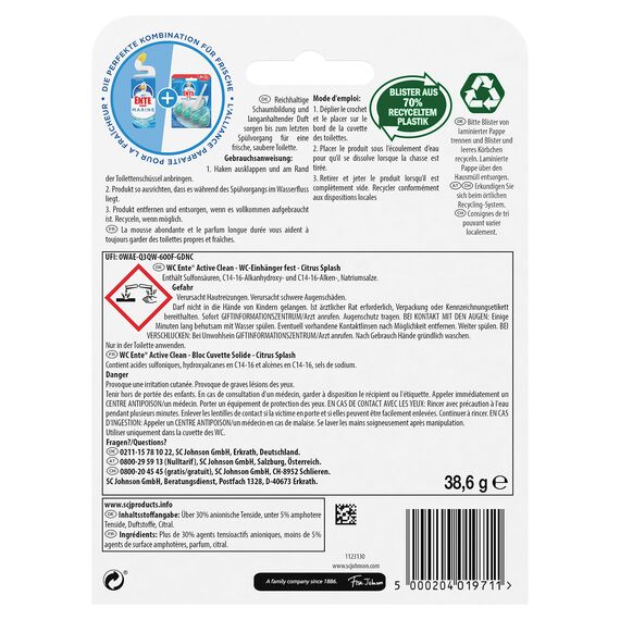 WC-Ente Active Clean WC Duftspüler-Einhänger, WC Reiniger, Citrus Splash-Duft, 38,6 g