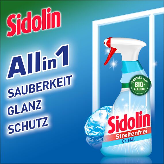 Sidolin Streifenfrei All in 1 Cristal (500 ml), Glasreiniger verleiht Sauberkeit, Glanz & Schutz, Fensterreiniger mit Bio-Alkohol, Flasche aus 100% recyceltem Plastik
