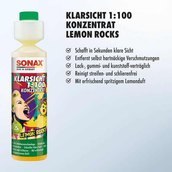 SONAX KlarSicht 1:100 Konzentrat Lemon Rocks (250 ml) Scheibenreiniger beseitigt sekundenschnell Insekten, Schmutz, Blend- & Schmierfilme | Art-Nr. 03701410