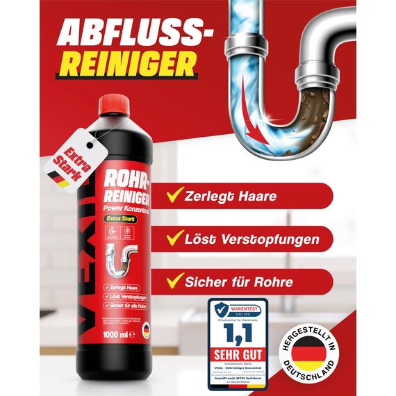 VEXIL Rohrreiniger - Profi Abflussreiniger EXTRA STARK für Extremfälle - 2x 1L Power Konzentrat löst hartnäckigste Verstopfungen wie Haare, Seifenreste, Fette - biologisch abbaubar - Made in Germany