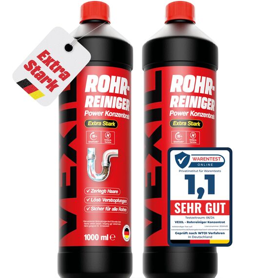 VEXIL Rohrreiniger - Profi Abflussreiniger EXTRA STARK für Extremfälle - 2x 1L Power Konzentrat löst hartnäckigste Verstopfungen wie Haare, Seifenreste, Fette - biologisch abbaubar - Made in Germany