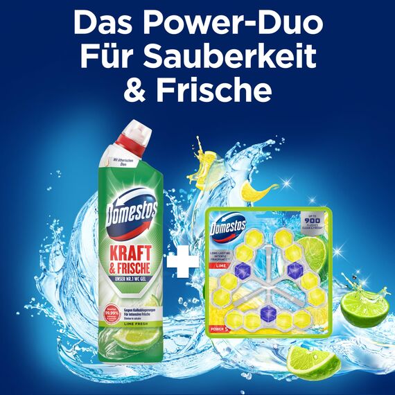 Domestos Power 5 WC Stein Limette WC Reiniger im Vorteilspack volle Power bis zu 900 Spülungen im Trio 3x 50 g