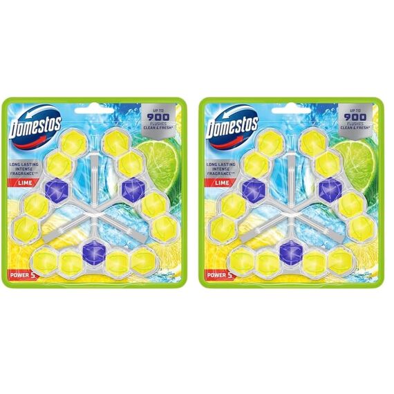 Domestos Power 5 Toilettenstein Limette WC Reiniger im Vorteilspack Volle Power bis zu 900 Spülungen im Trio 3x 50 g (Packung mit 2)