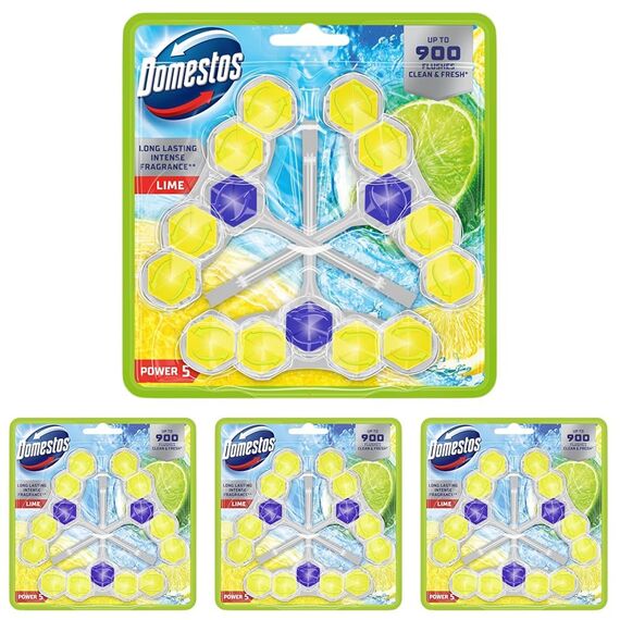 Domestos Power 5 Toilettenstein Limette WC Reiniger im Vorteilspack Volle Power bis zu 900 Spülungen im Trio 3x 50 g (Packung mit 4)