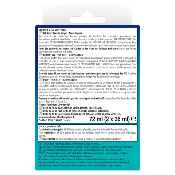 WC-Ente Frische-Siegel Nachfüller, körbchenloser WC-Reiniger, WC Duft, Azure Lagoon, 3 x 2 Nachfüller (6 Stück)