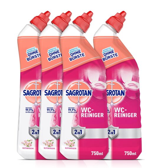 Sagrotan WC-Reiniger Blütenfrische – 2in1 Reinigungsmittel mit Antischmutzfilm für langanhaltende WC-Frische – 4 x 750 ml