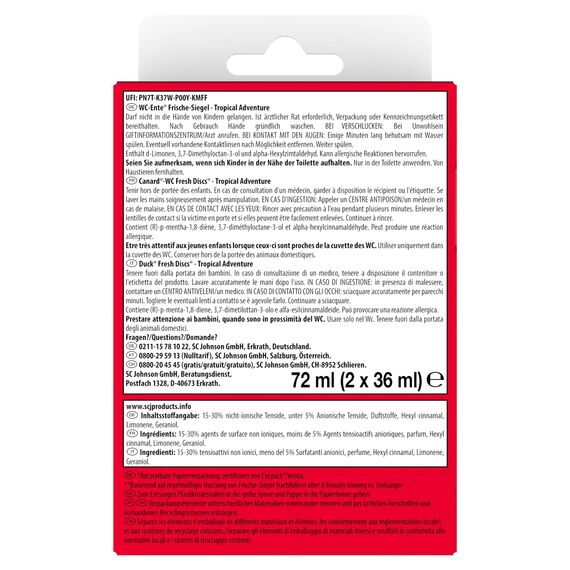 WC-Ente Frische-Siegel Nachfüller, körbchenloser WC-Reiniger, WC Duft, Tropical Adventure, 2 Nachfüller (2 Stück)