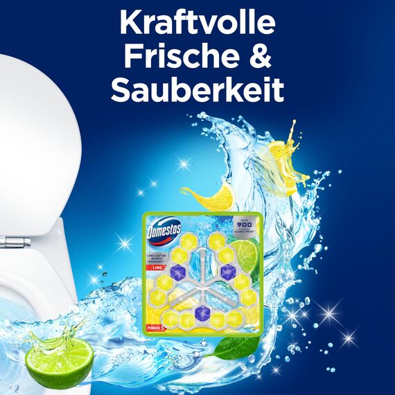 Domestos Power 5 Toilettenstein Limette WC Reiniger im Vorteilspack Volle Power bis zu 900 Spülungen im Trio 3x 50 g (Packung mit 2)